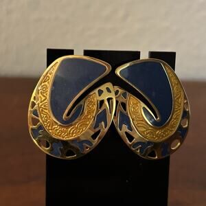 Vintage Berebi Blue & Yellow Enamel Gold Tone Earrings 80s Art Deco Revival